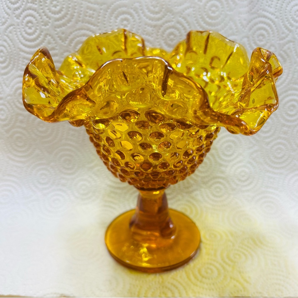 Vintage Fenton Hobnail compote dish, footed with ruffled edges. Mint condition.